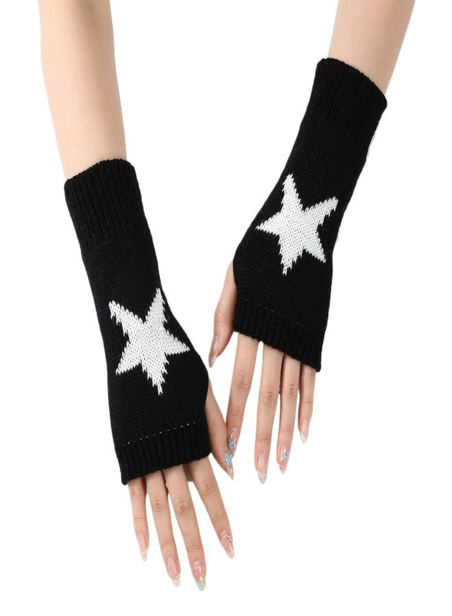 Sumleno Cute Y2K Star Fingerless Gloves Thumb Hole Mittens Fairy Grunge Accessories Harajuku Arm Warmers for Women Girls (Black,One Size) - Image 1